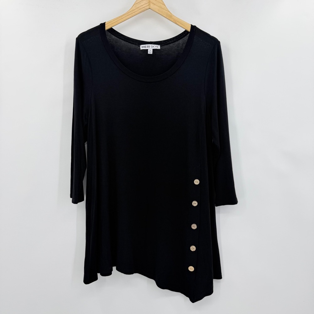 Meri Skye Tunic Top Womens 1X Black Asymmetric Button Detail Super Soft